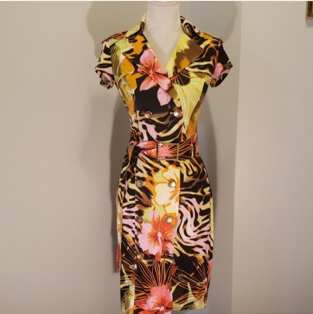 Cache Wiggle Tiki Animal Print Pinup Button Up Floral Belted Dress